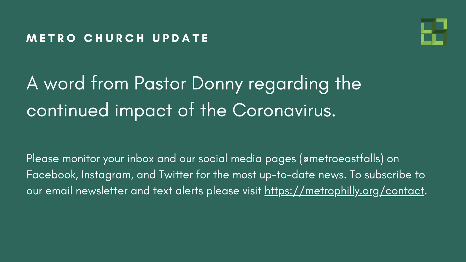 An Update From Pastor Donny, March 19th